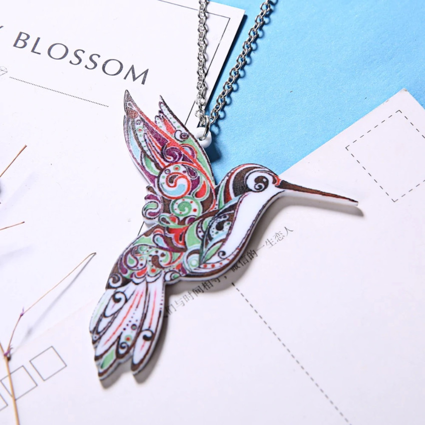 Colorful Acrylic Hummingbird Charm Pendant Necklace w/ Chain Bird Theme