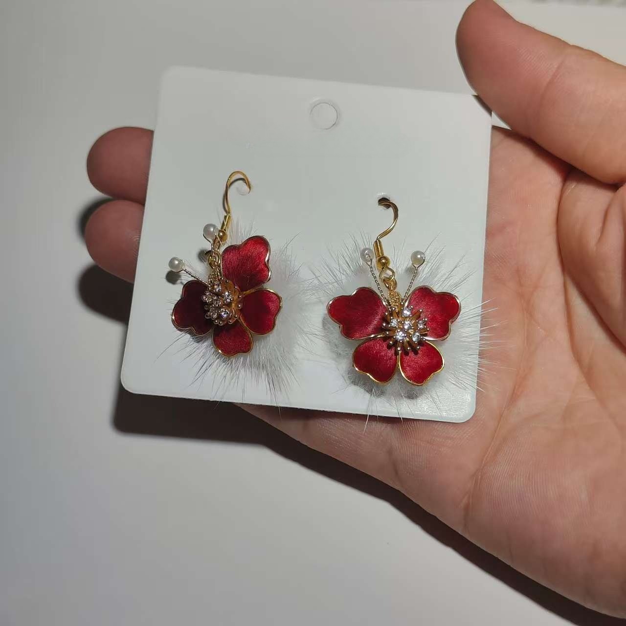Chinese Style Hanfu Pearl Velvet Flower Drop Earrings Vintage Ear Jewelry