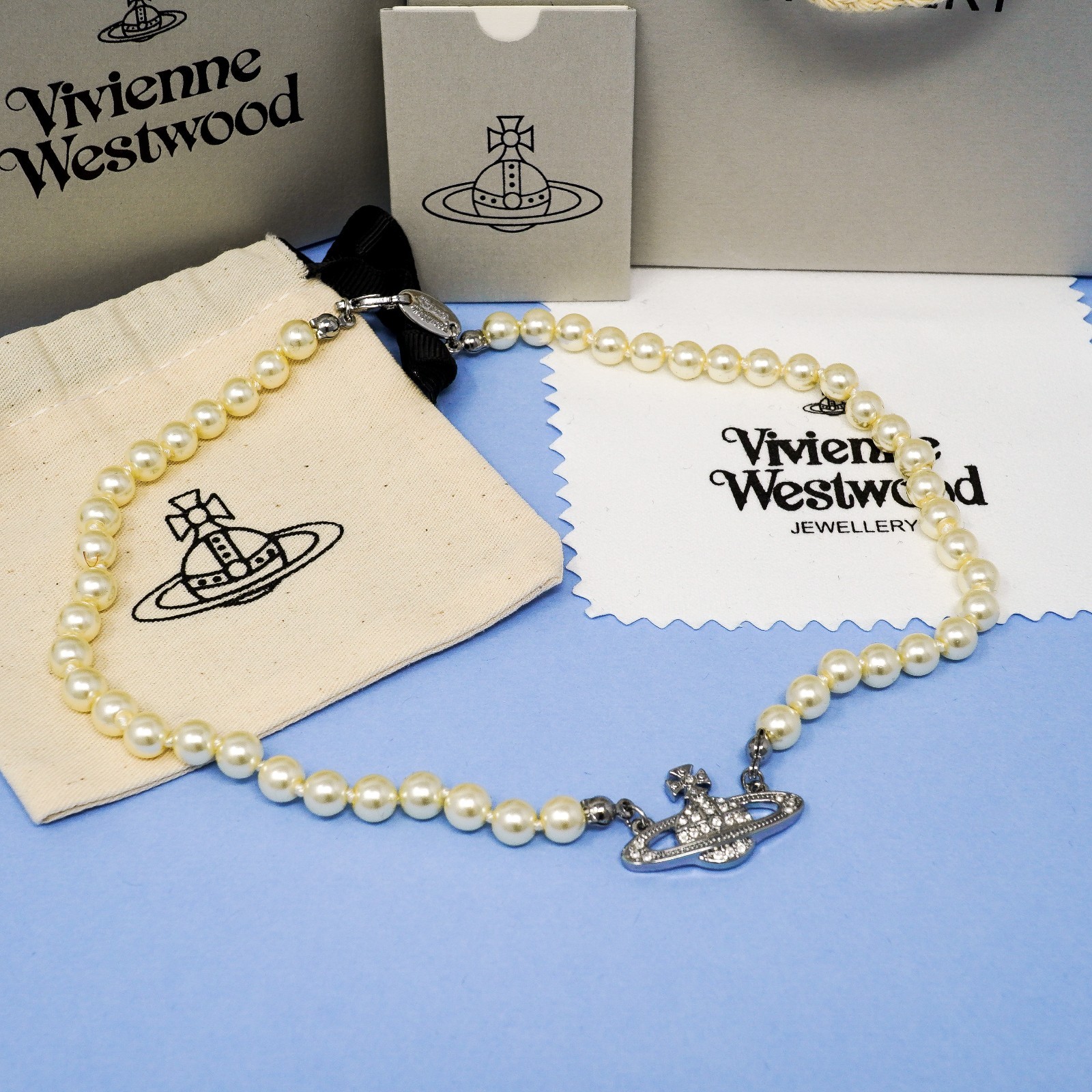 Vivienne Westwood Necklace Bas Relief Pearl & Silver Pendant With Crystals & Box