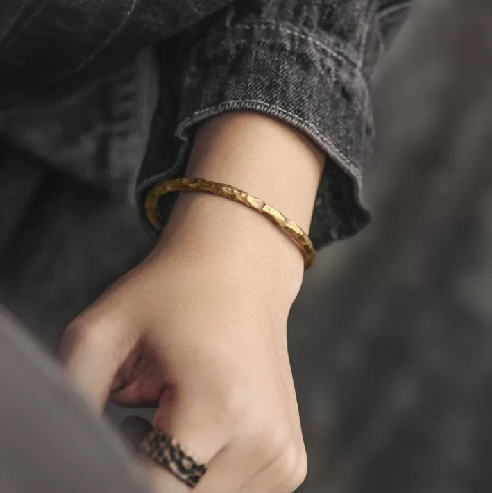 Vintage Hammered Brass Open Cuff Bracelet Healing Minimalist Unisex Reiki Gift