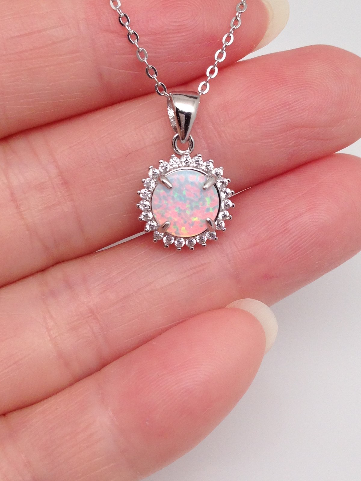 925 Sterling Silver White Opal Halo Pendant Necklace Cz 10mm 16-18″ Simulated