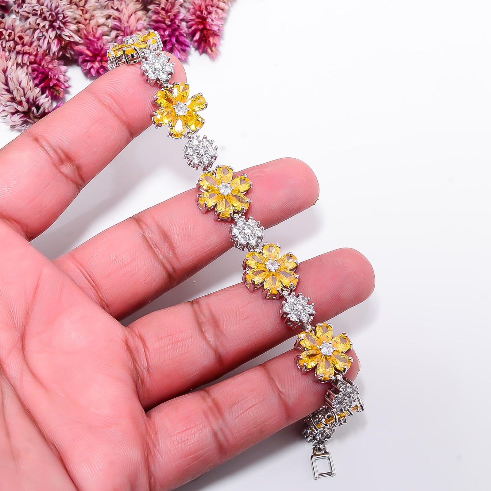 Yellow Sapphire -Simulated, CZ 925 Sterling Silver Bracelet 7-8″ B1122613265