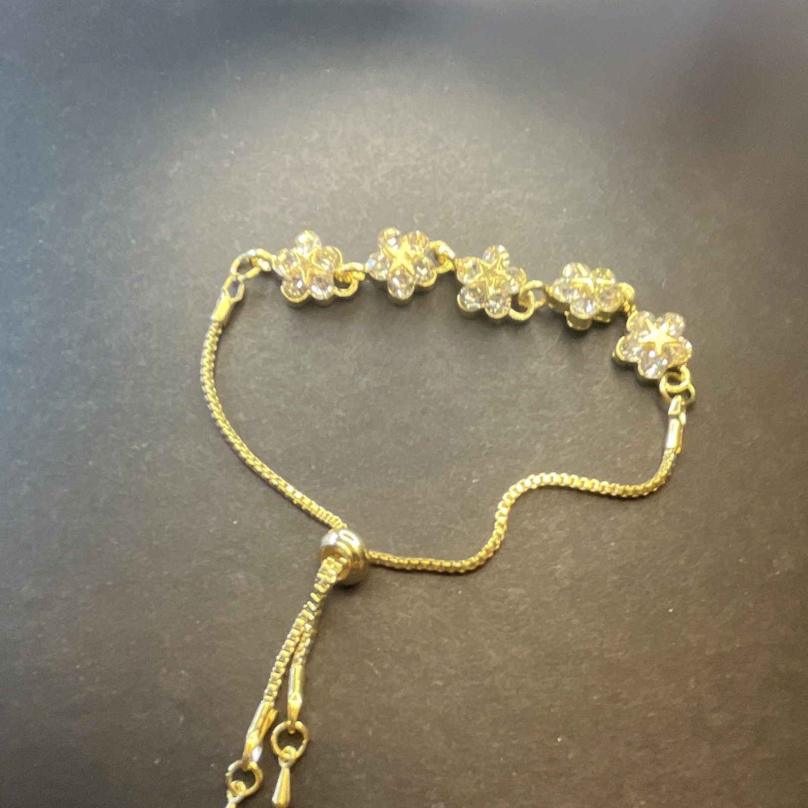 Gold Tone Adjustable Slide Cable Chain Bracelet Clear Crystal Flower Links