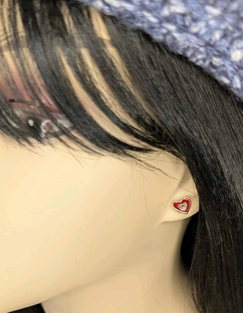 NEW Earrings Red Heart ❤️ Sterling Silver Studs Painted Fashion Earrings