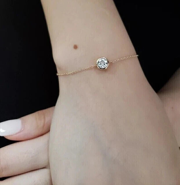1 Ct Bezel Set Simulated Diamond Solitaire Chain Bracelet 14K Yellow Gold Plated
