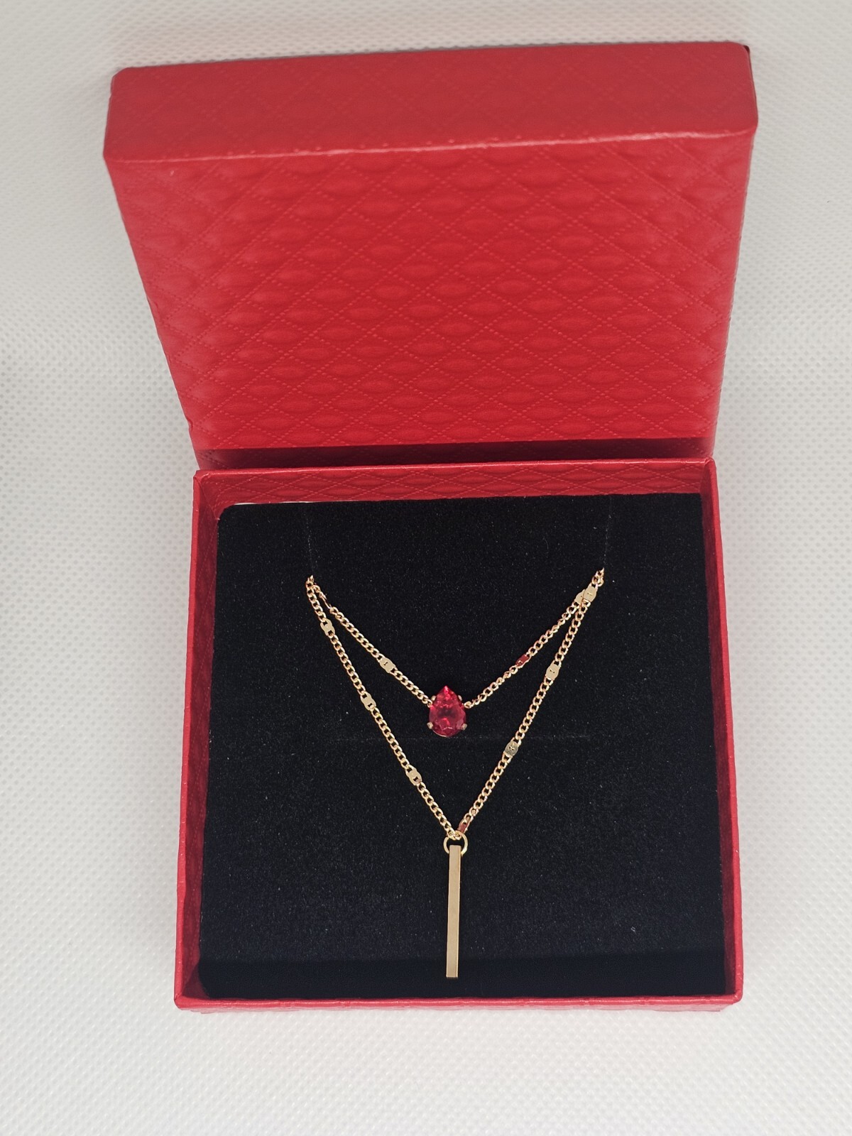 Everyday wear casual ladies Y-drop necklace jewellery red stone gold gift box