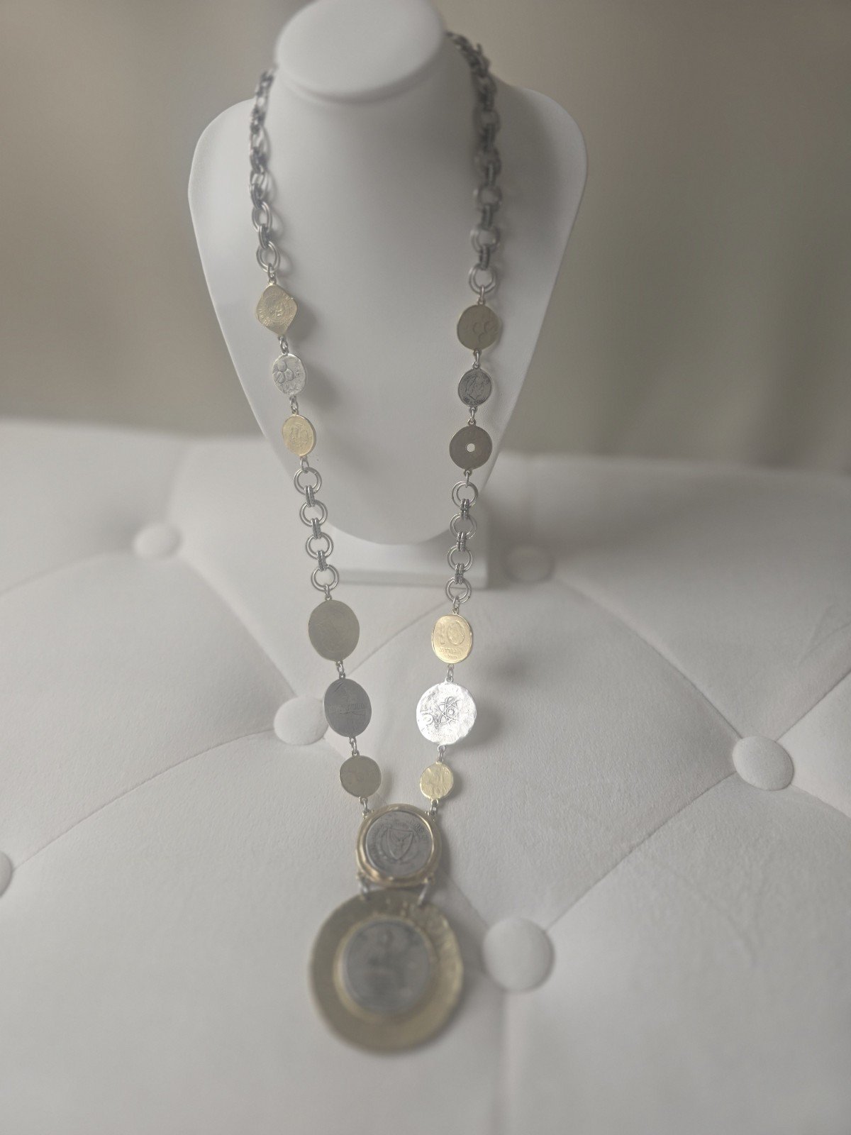 Chico’s Long Mixed Metal Necklace Silver Gold Tone Coin Medallion Stations