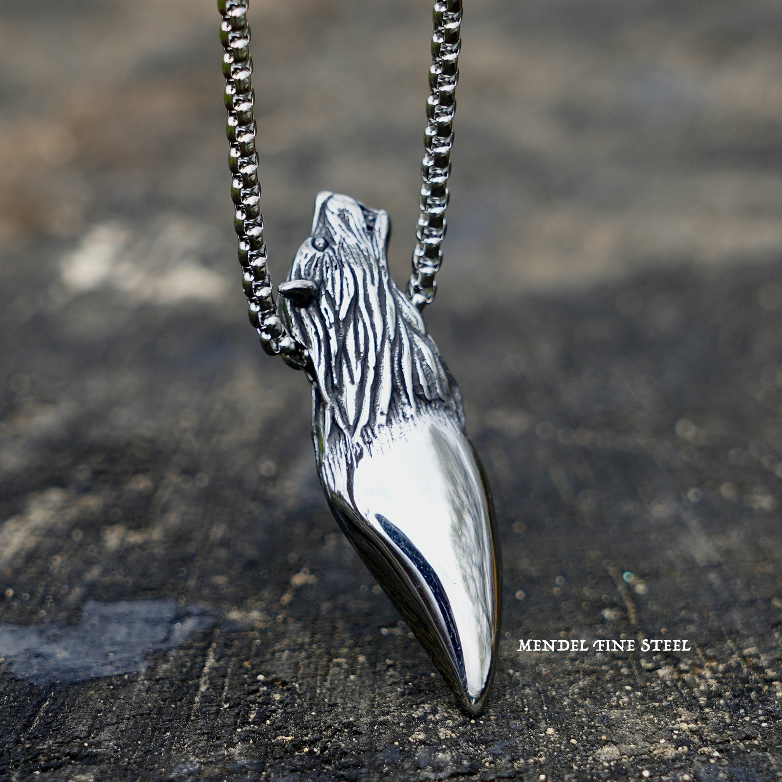 MENDEL Mens 316L Stainless Steel Fenrir Wolf Head Tooth Pendant Necklace Jewelry