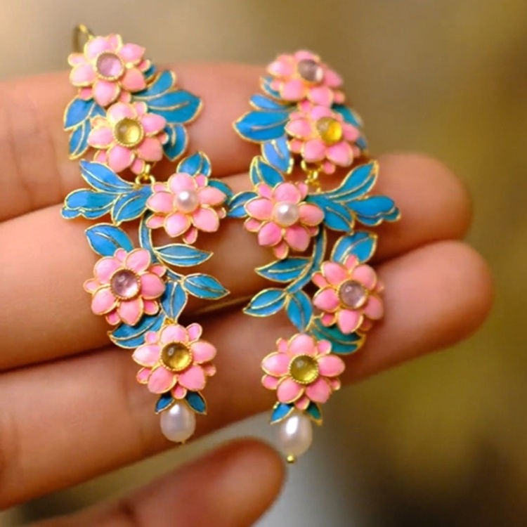 Chinese Style Filigree Enamel Flower Earrings Pearl Tassel Vintage Jewelry