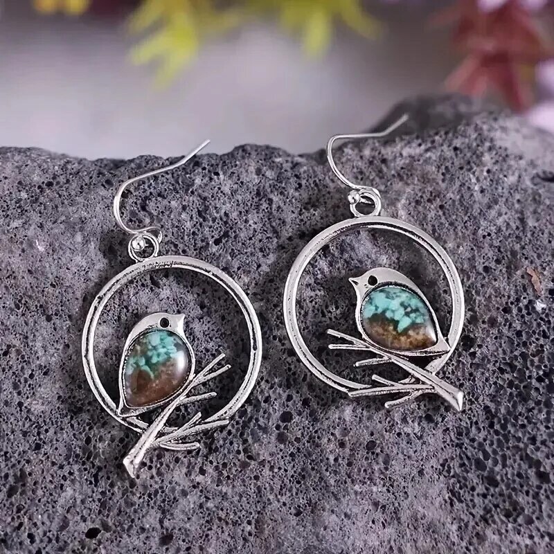 Beautiful Unique Bird Branch Earrings, Turquoise Sand Inlaid