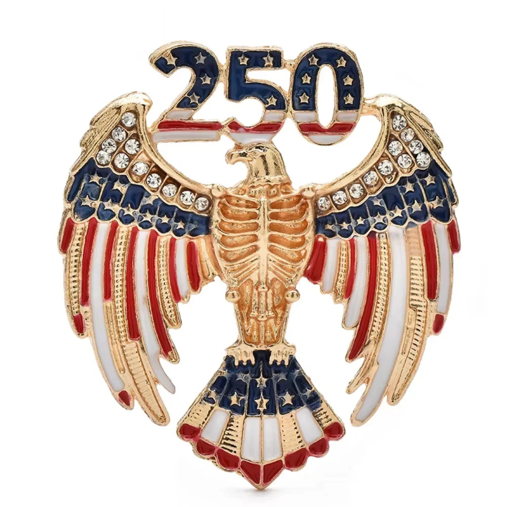 USA Eagle 250 Enamel Brooch Rhinestone Patriotic Flag Gold Tone Pin Gift