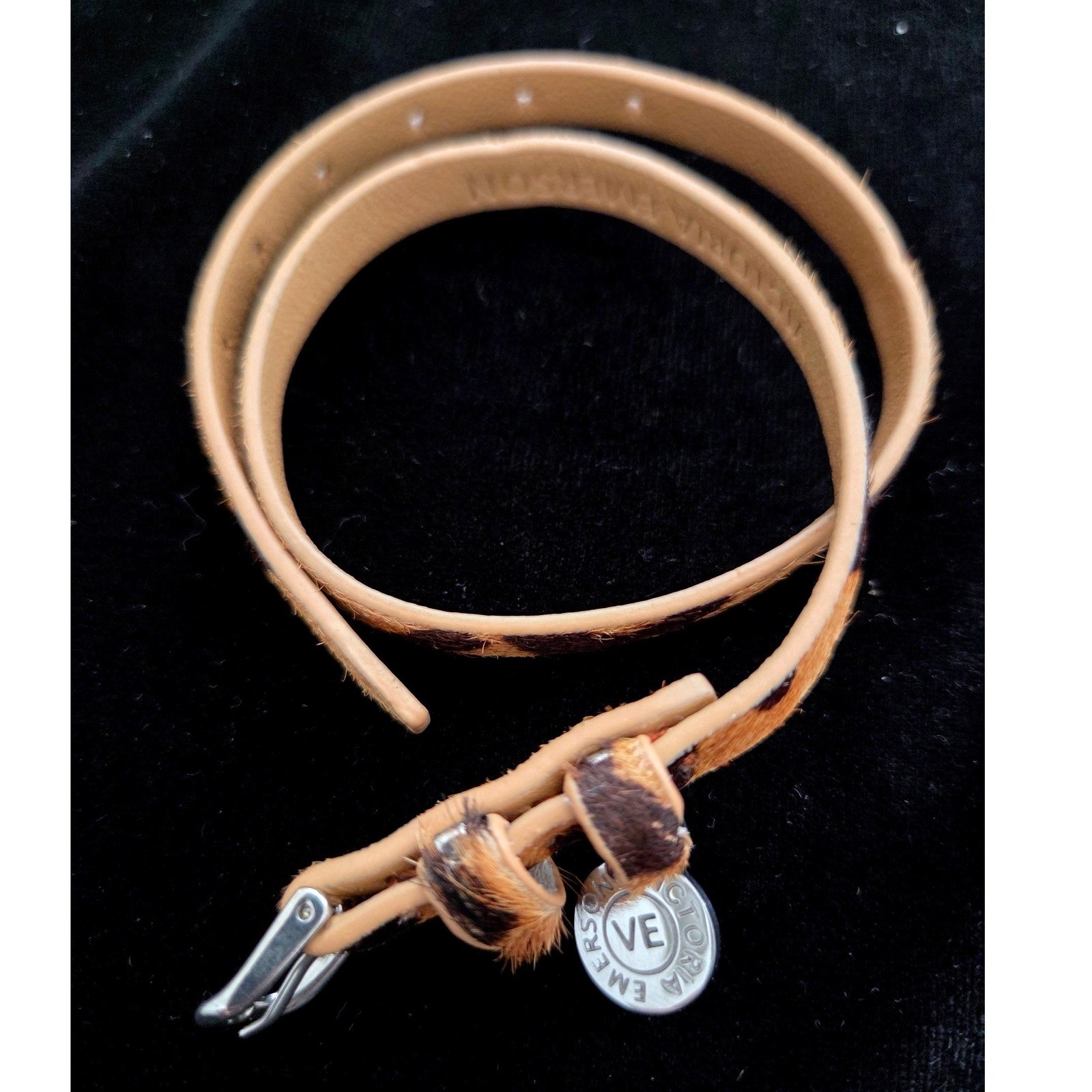 Victoria Emerson Leopard Print Calf Hair Leather Wrap Bracelet Buckle Tan Silver