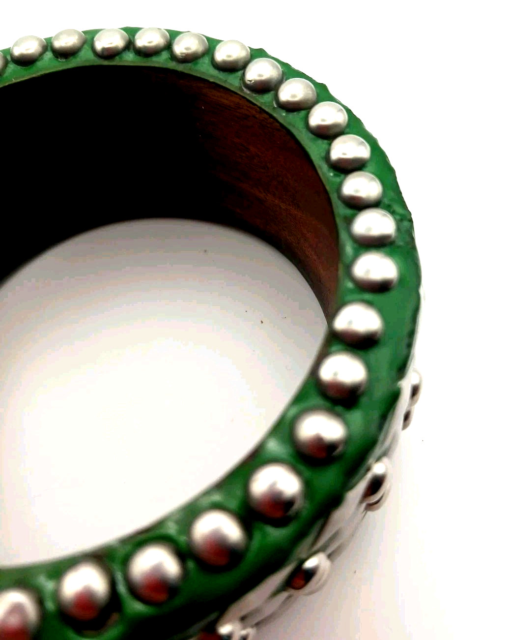 Gothic Wood Bangle 5 Row Metal Studded Green Heavy Bracelet