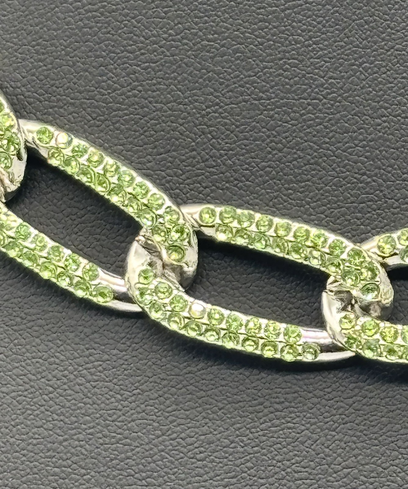 Curb Link and Green Pave Crystal Silver-Tone Collar Necklace Adjustable Unsigned