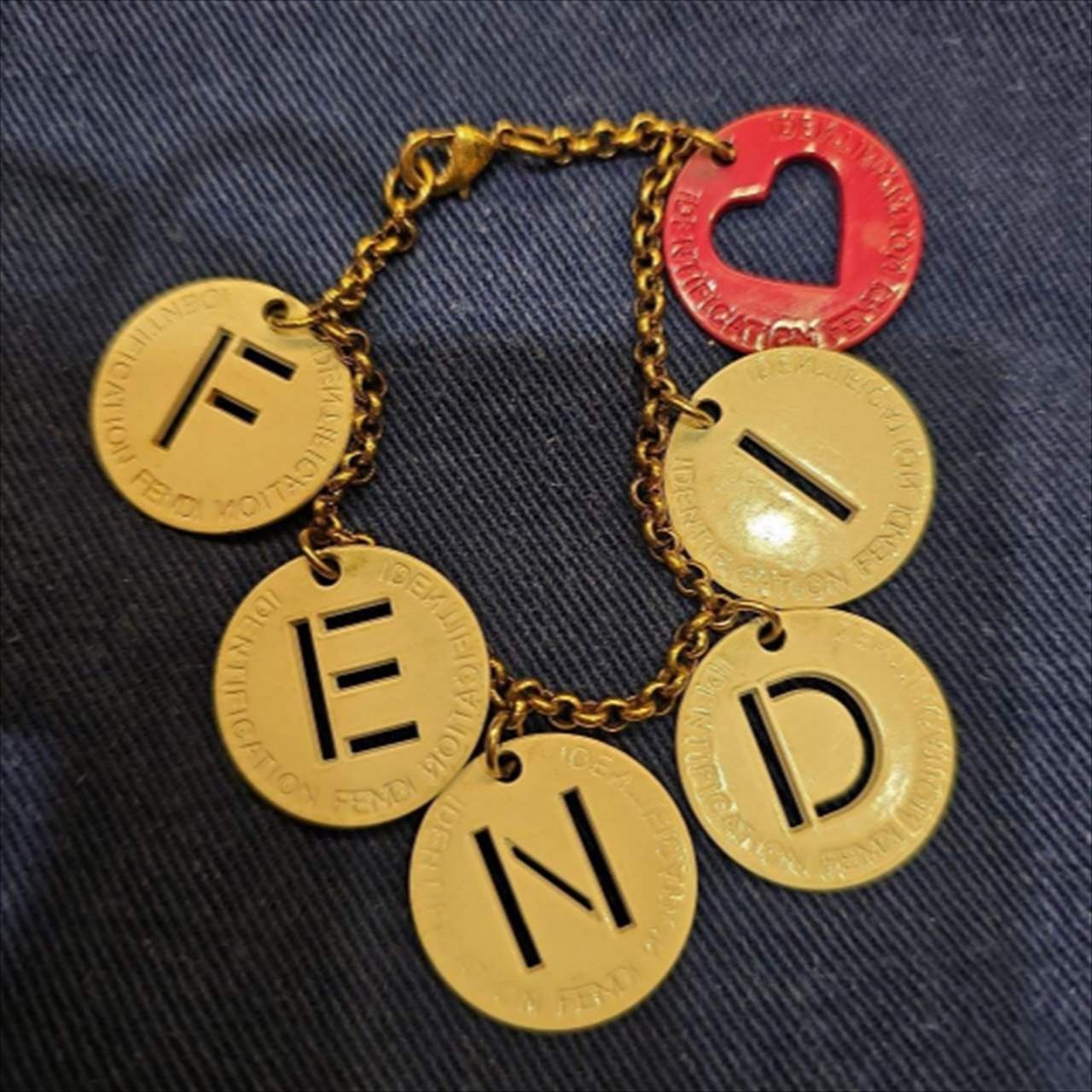 FENDI Chain Bracelet Logo ID Charm Red Heart Lobster Clasp Gold Vintage