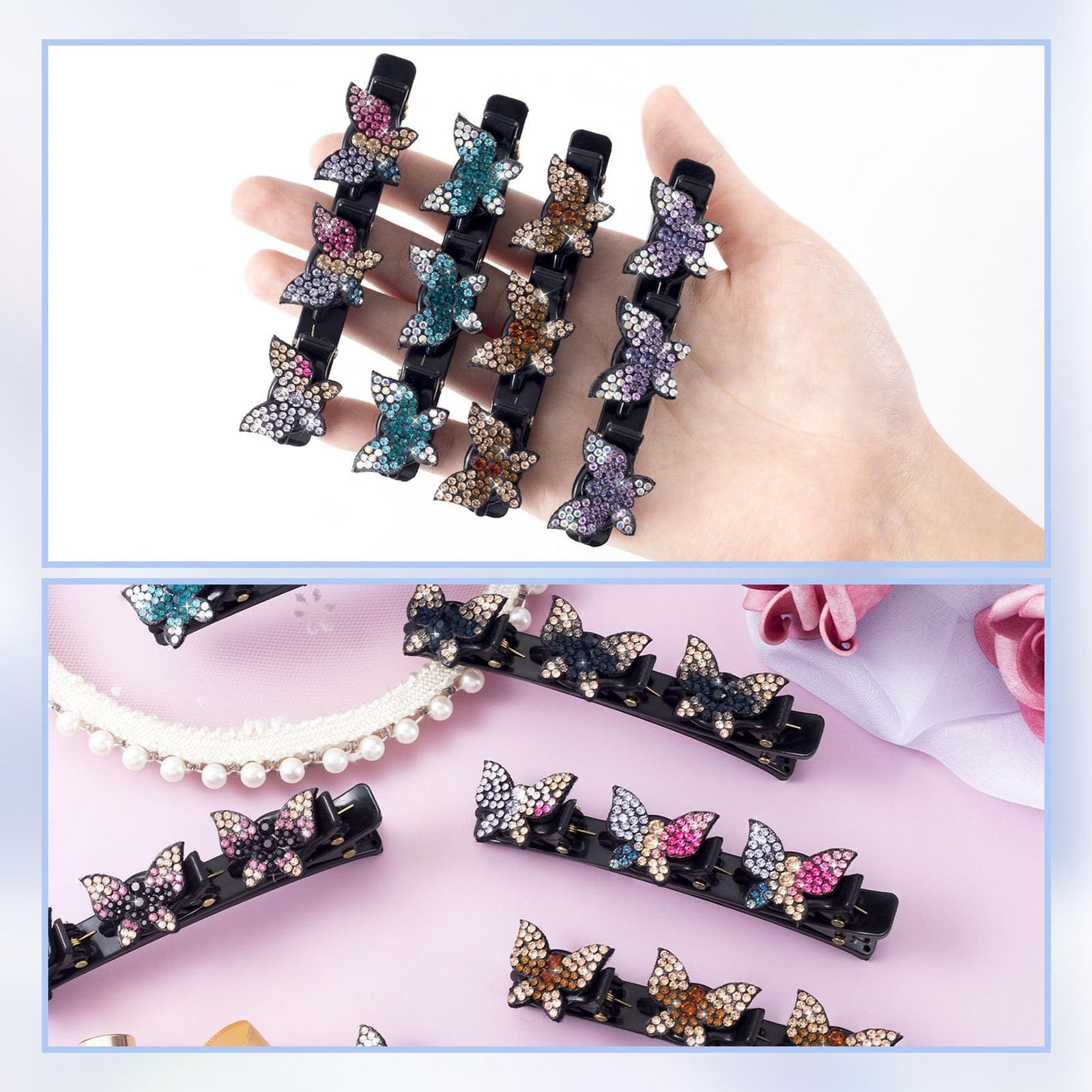 6pcs Butterfly Duckbill Braided Clips, Sparkling Rhinestone Hair Clips for Wo…