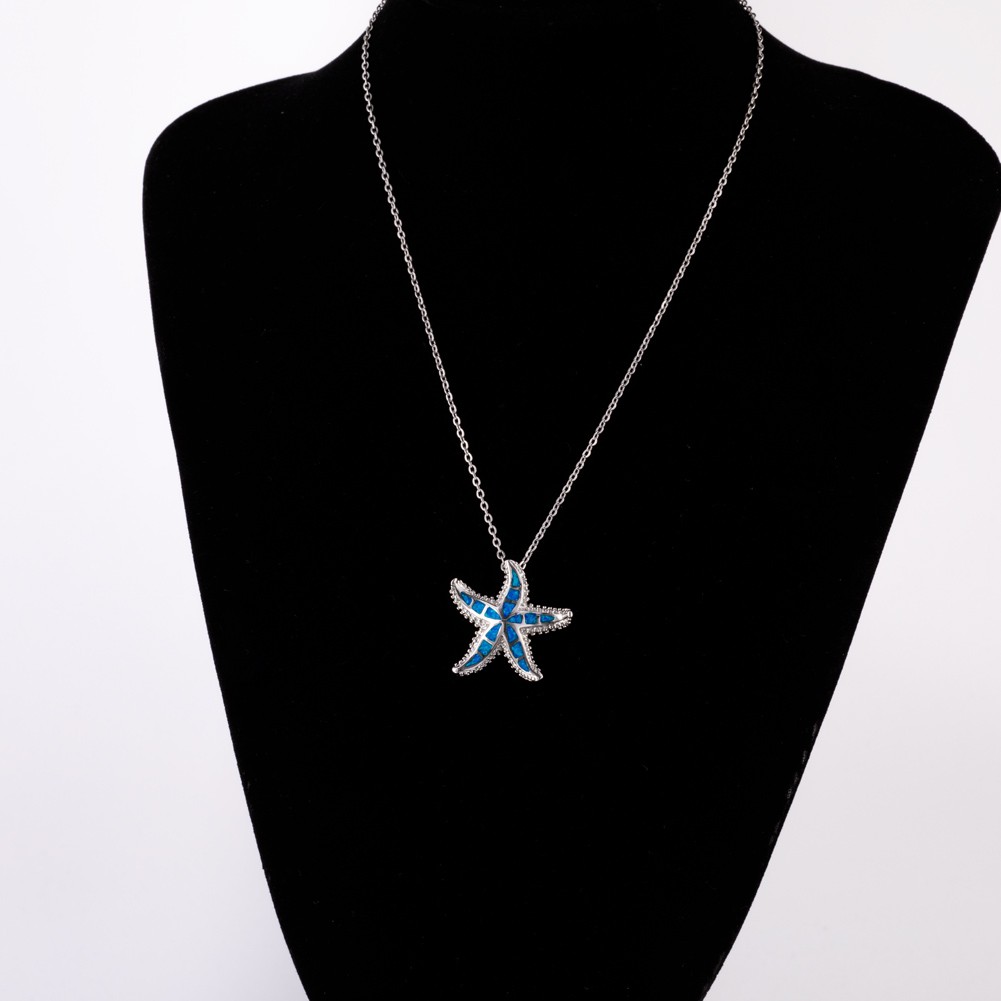 Vivid Starfish Ocean Blue Fire Opal Silver Jewelry Necklace Pendant