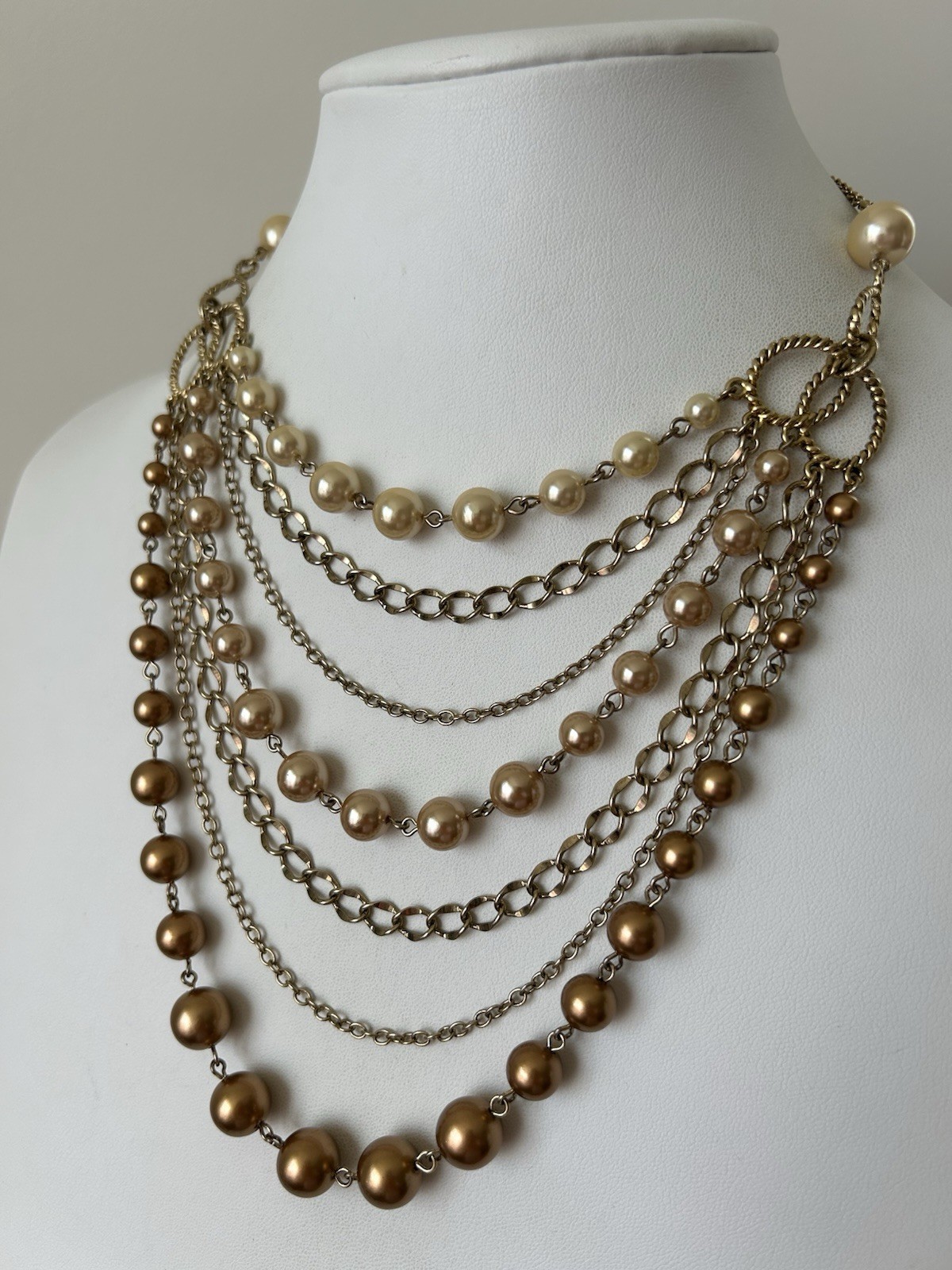 Multi Strand Gold Faux Pearl & Chain Statement Necklace 18”