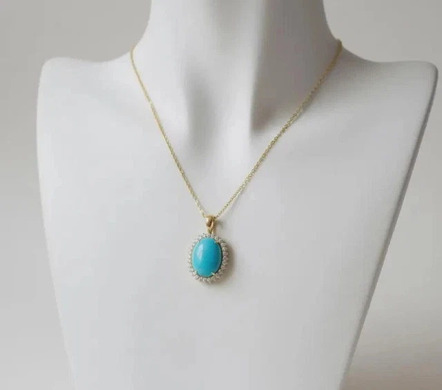 Oval Cut Simulated Blue Turquoise Women’s Halo Pendant 14K Yellow Gold Plated