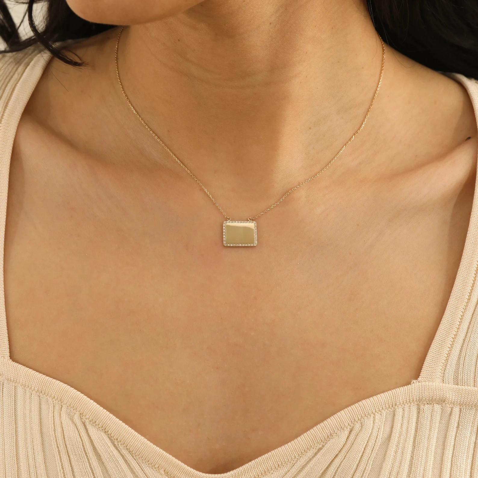 Lab Grown Diamond 1.00 Ct Round Cut EF VS Dog Tag Necklace in 14K Solid Gold