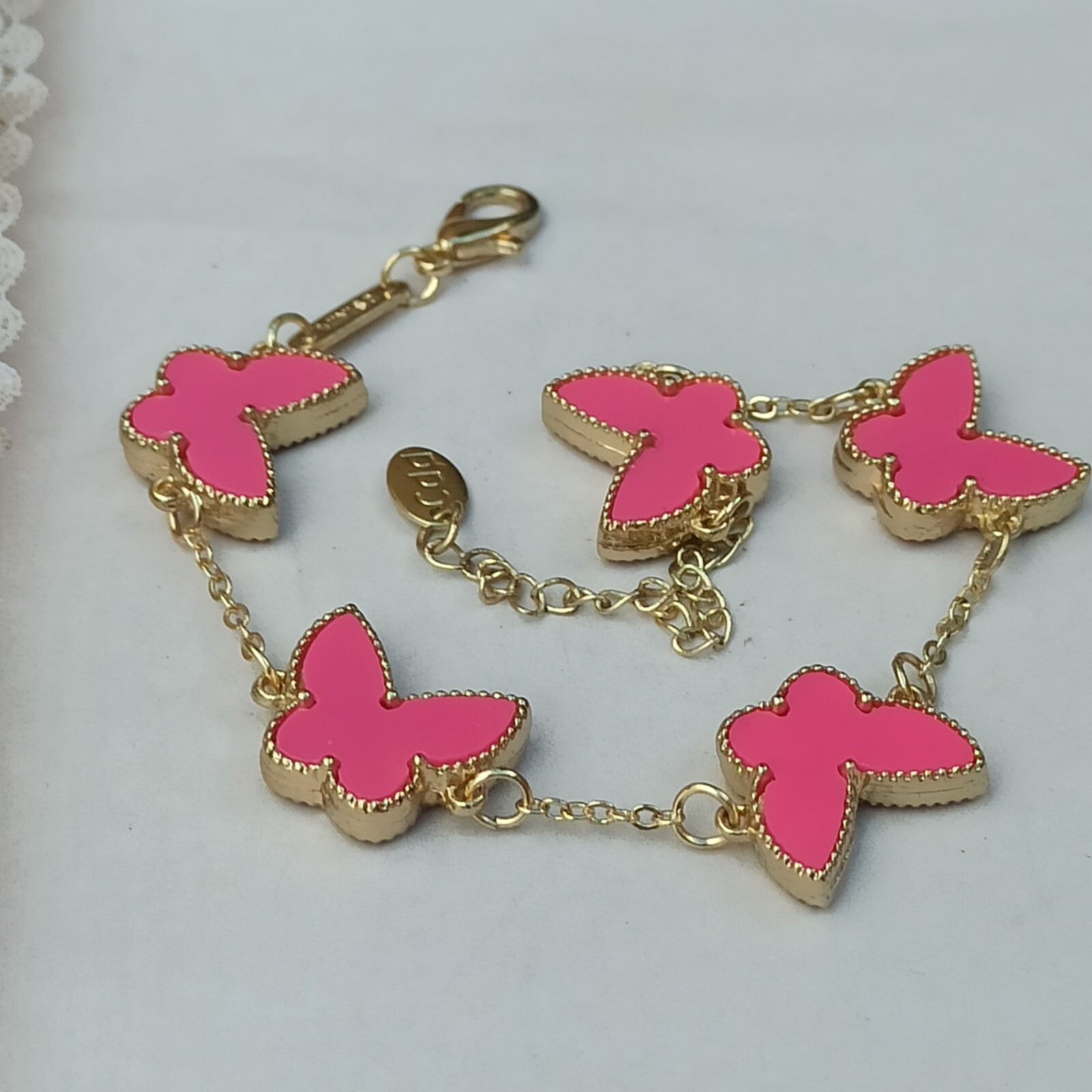 Pink Butterfly Bracelet Signed MINISO Gold Tone Station Girl Teen Gift Modernist