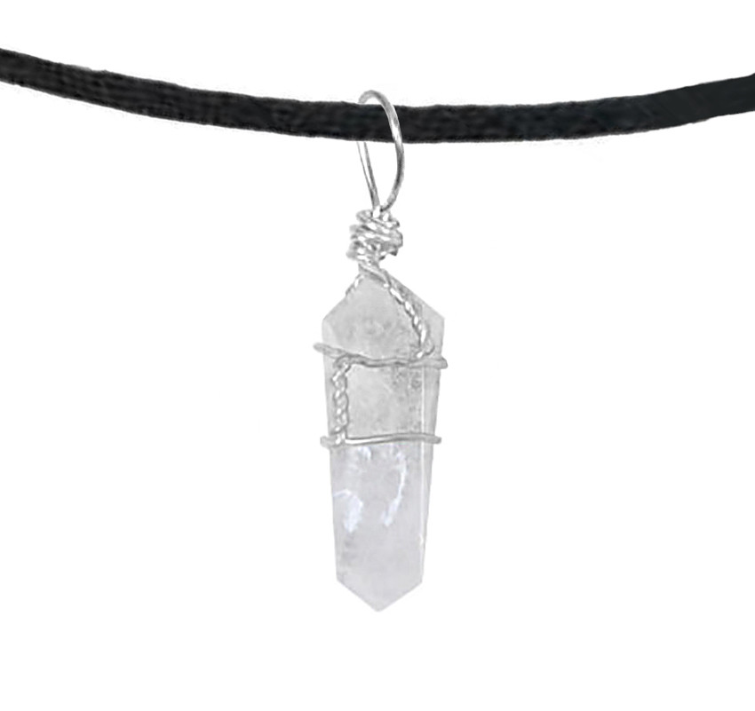 Natural Clear QUARTZ Crystal Wire Wrapped Pendant Double Point & BLACK NECKLACE
