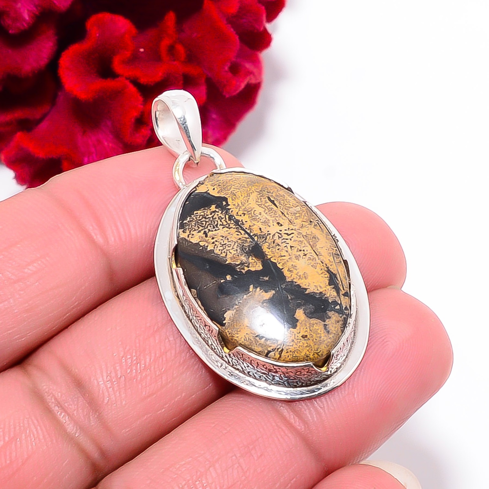 Honey Dendritic Opal – Mexico 925 Sterling Silver Pendant 1.68″ P102050