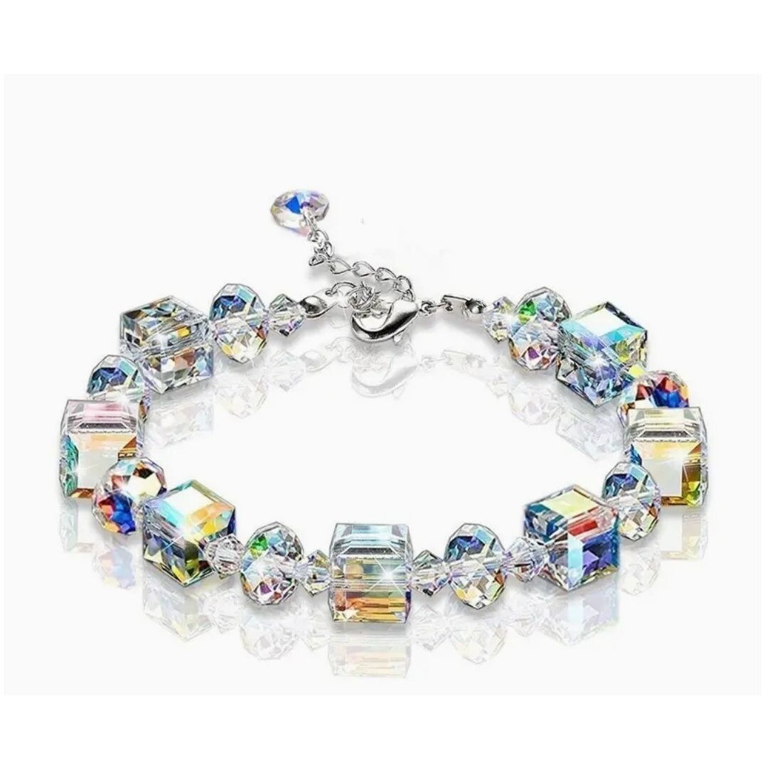 Stunning Iridescent Crystal Cube & Bead Bracelet Adjustable 6.69″+1.57″