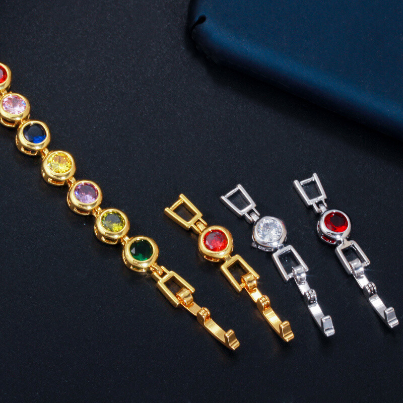 Gorgeous Gold Plated Colorful Round Cubic Zirconia Tennis Bracelet Women Jewelry