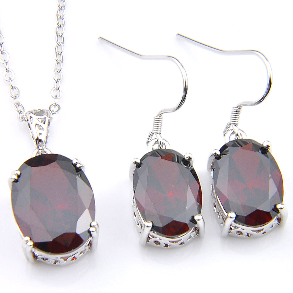 Natural Oval Red Garnet Silver Necklaces Pendants Drop Earrings Jewelry Sets