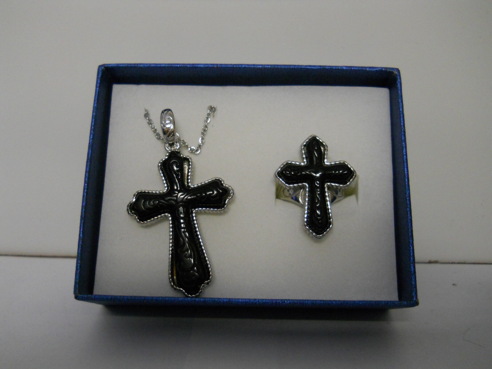 Stainless Steel TLC Enhanced Black Agate Size 4 Ring & Necklace Jewelry #1098