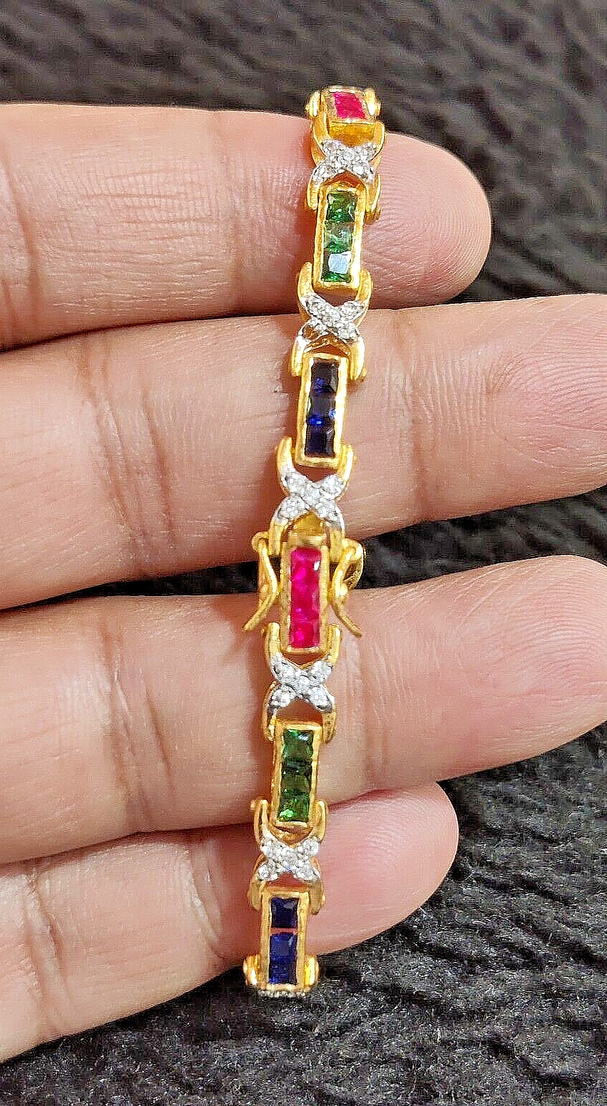 14K Yellow Gold Plated Simulated Ruby Sapphire, Emerald&Diamond Tennis Bracelet