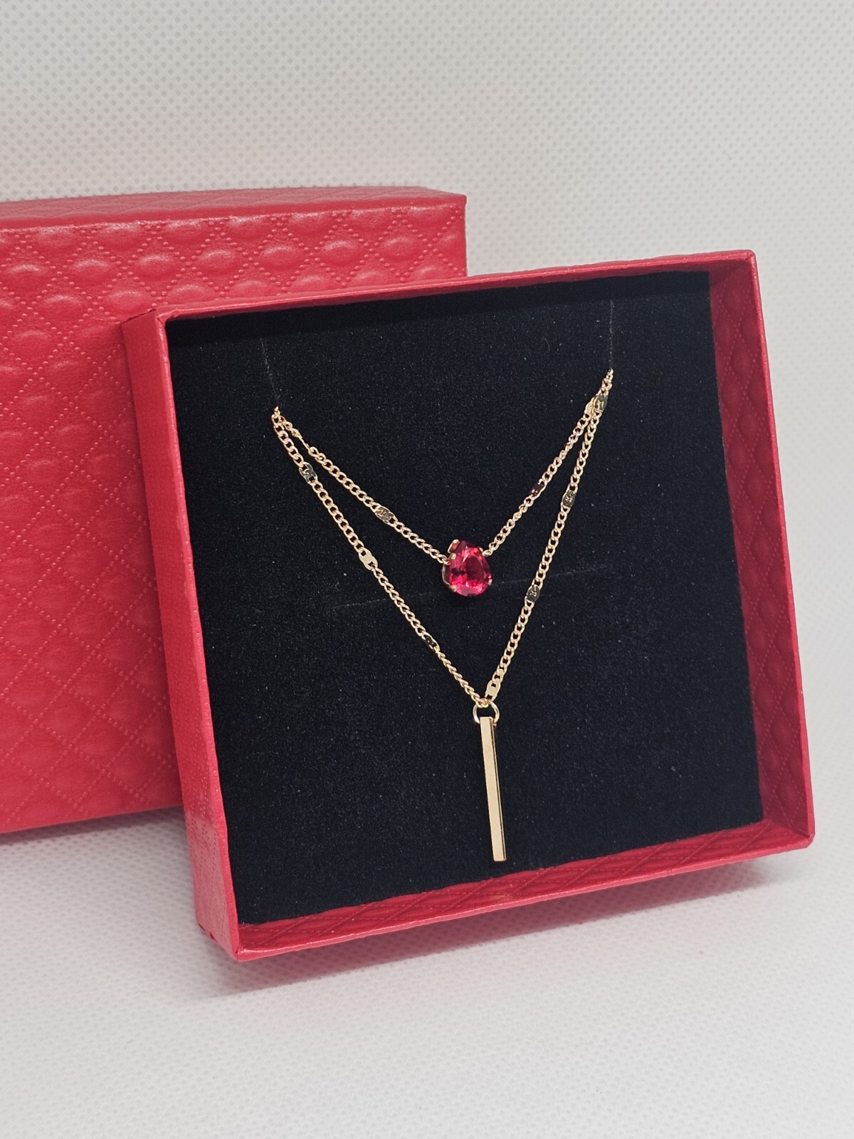 Everyday wear casual ladies Y-drop necklace jewellery red stone gold gift box