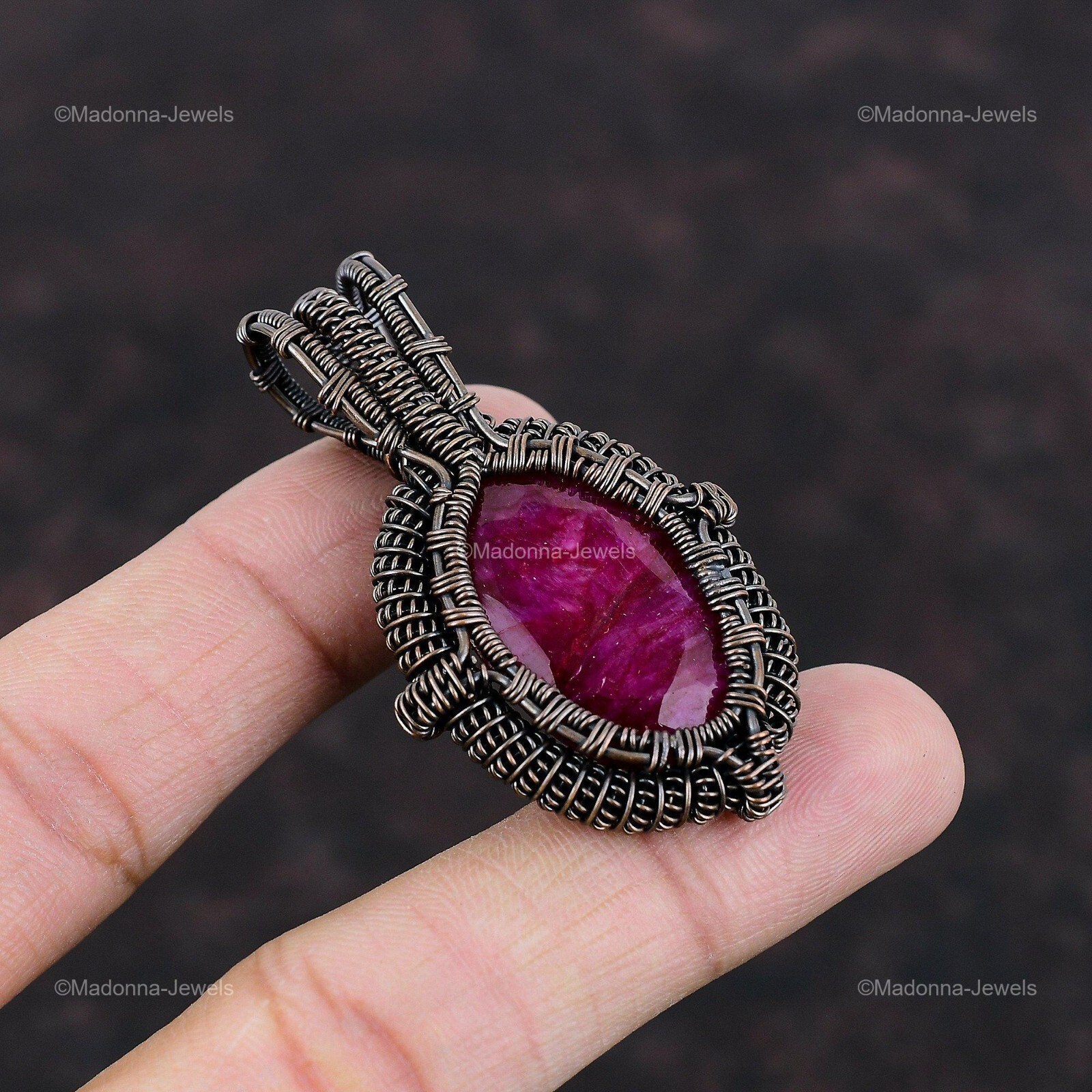 Natural Kashmir Rubi Copper Engagement Daughter Anniversary Wire Wrapped Pendant