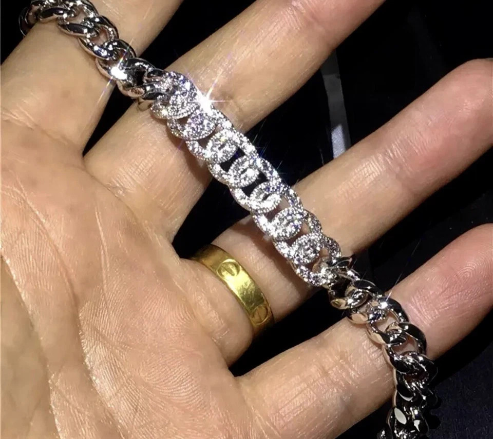 18K Platinum Plated Cuban Chain Bracelet Simulated Diamond Elegant Festival Gift