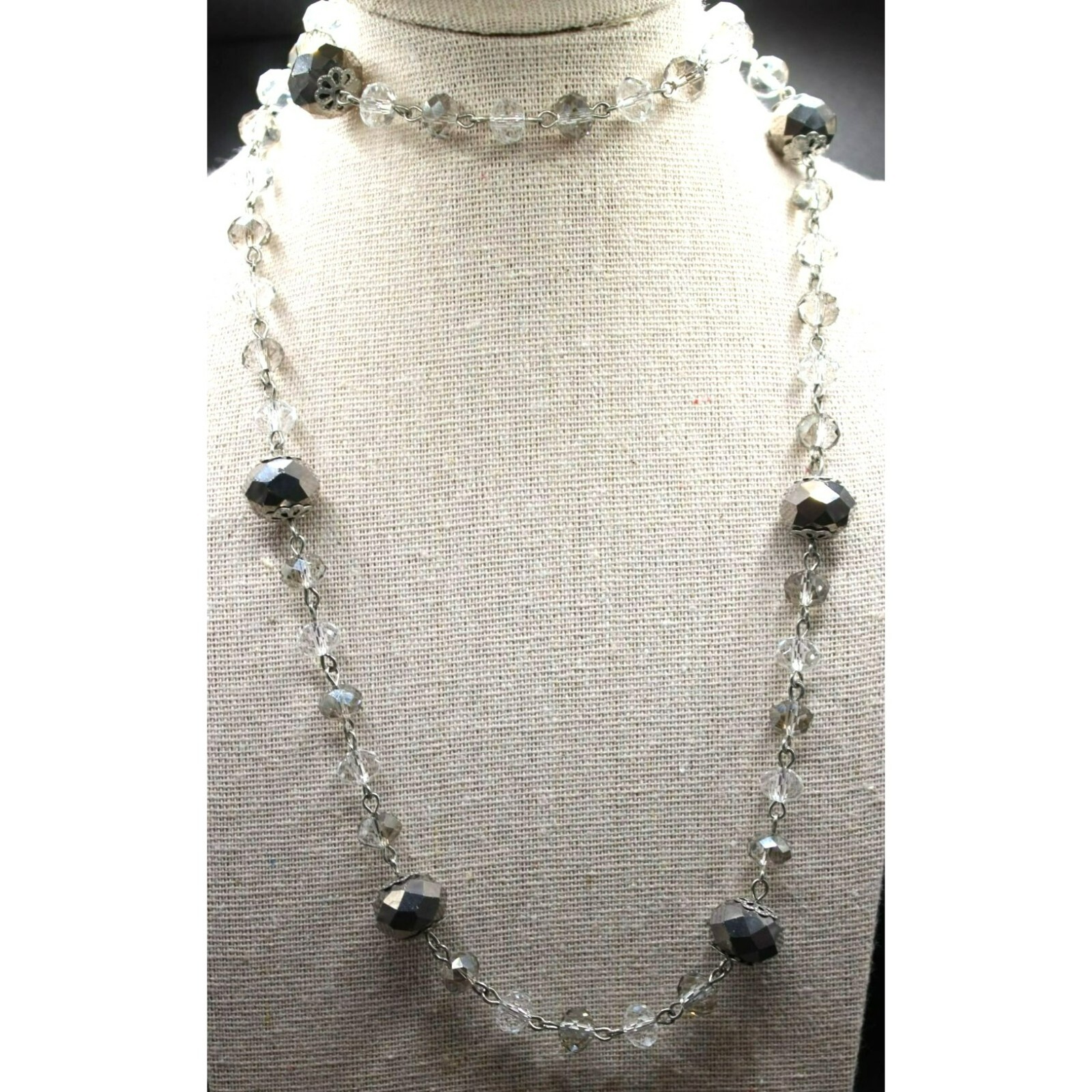 Glass Silver Gray Clear Faceted Beads Silver Tone Long Necklace 15″ Silver Tone