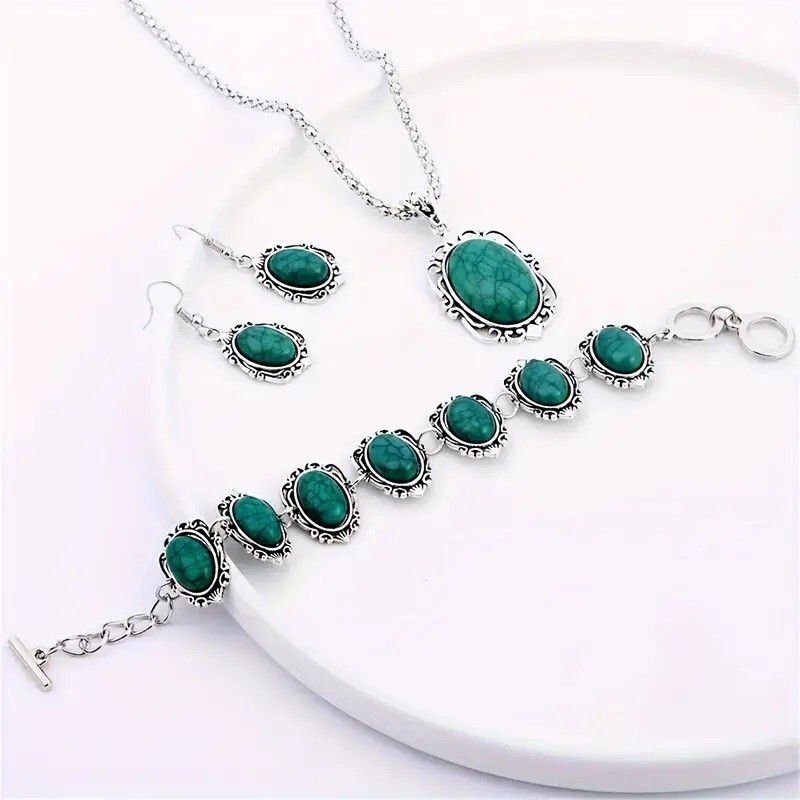 3 pcs Dangle Earrings, Necklace, Bracelet Zinc Alloy Jewelry Set pu Turquoise