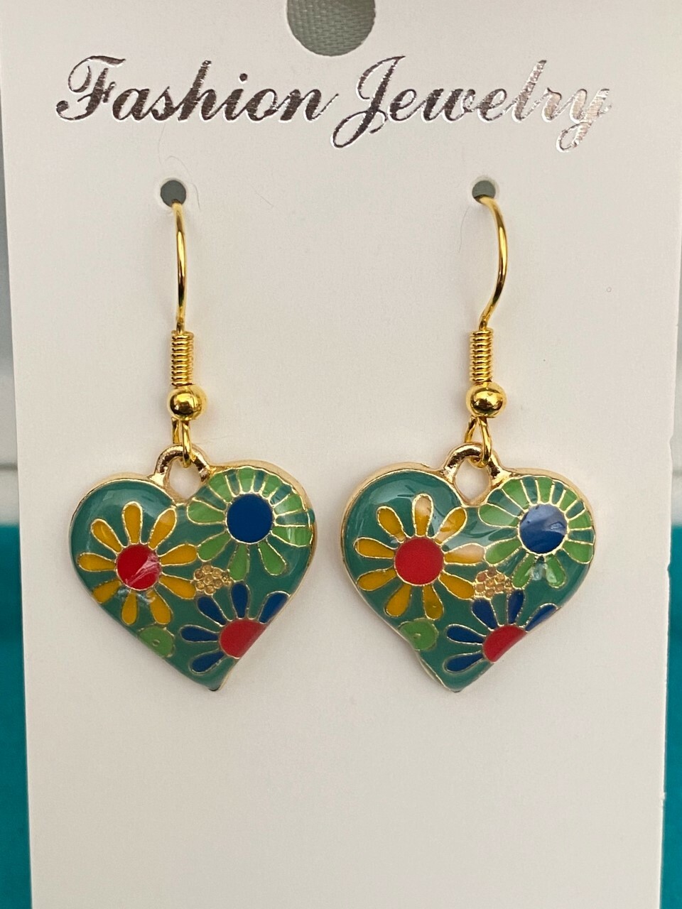 Cute Gold Green Multicolor Enamel Flower Heart Charm Hook Dangle Drop Earrings