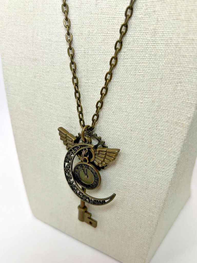 Whimsical Steampunk Charm Necklace Key Wing Clock Pendant Long