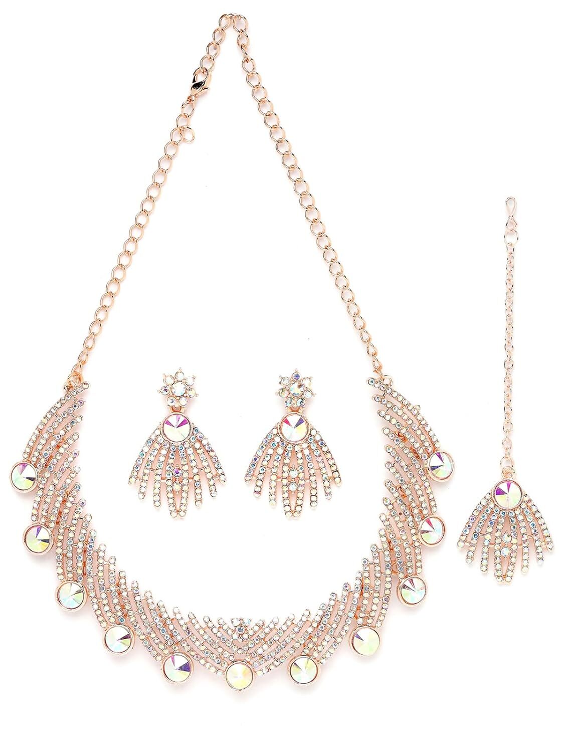 Rose Gold Plated Rainbow Stones Collar Bone Necklace Set With Earring And Maangt