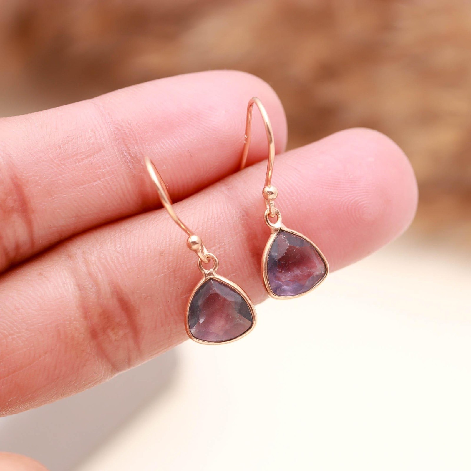Natural Fluorite Trillion Dangle Earrings Rose Gold Plated Solid Silver Jewelry