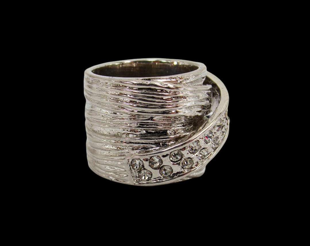 Large wide silver band ring with clear cubic zirconia stone wrap Size 7 NEW
