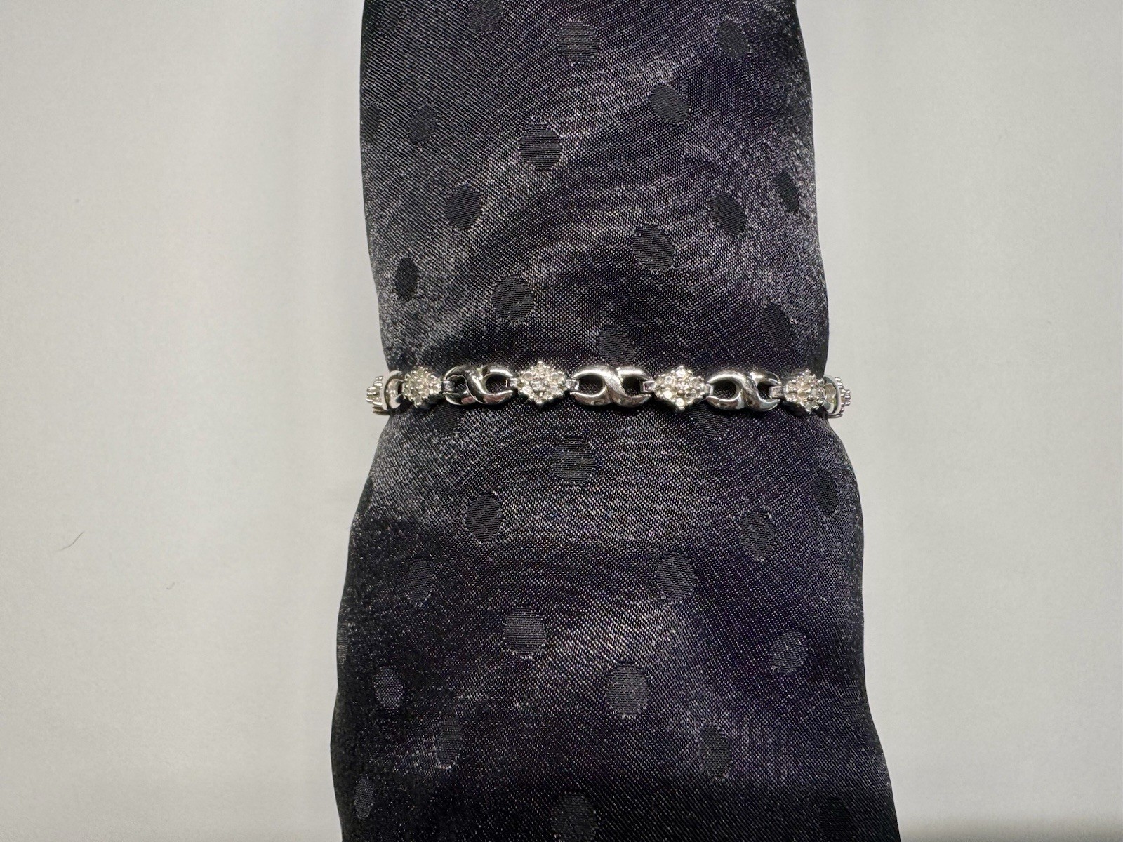 PAJ BB Silver Tone Rhinestone Link Bracelet Clear Crystal Box Clasp 7.5”