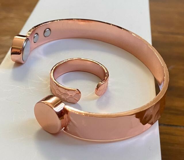 Pure Copper Bracelet Ring Set Fashion Arthritis Men Women Hammered Style Unisex