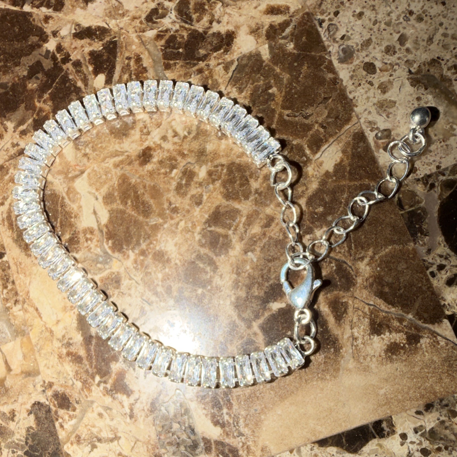Silver Tone Clear Baguette Crystal Tennis Chain Bracelet, Adjustable Lobster