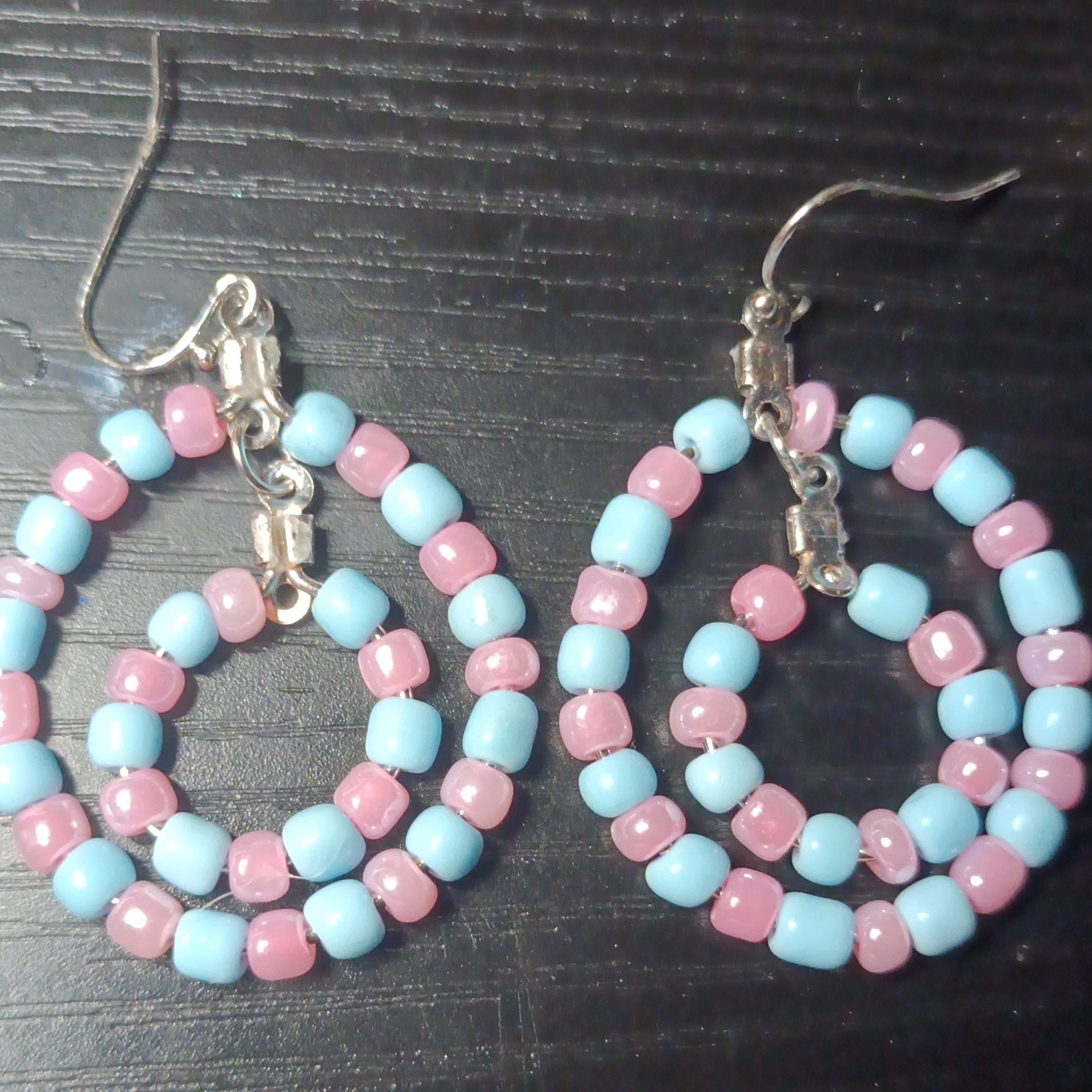 Pink Blue Beaded Round Dangle Drop Earrings Hook Handmade