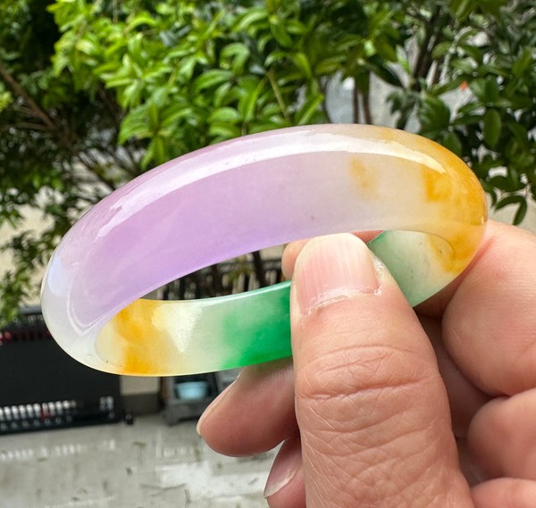 Natural Grade A Jadeite Bangle Tri-Color Green Lavender Yellow Burmese Jade 54mm