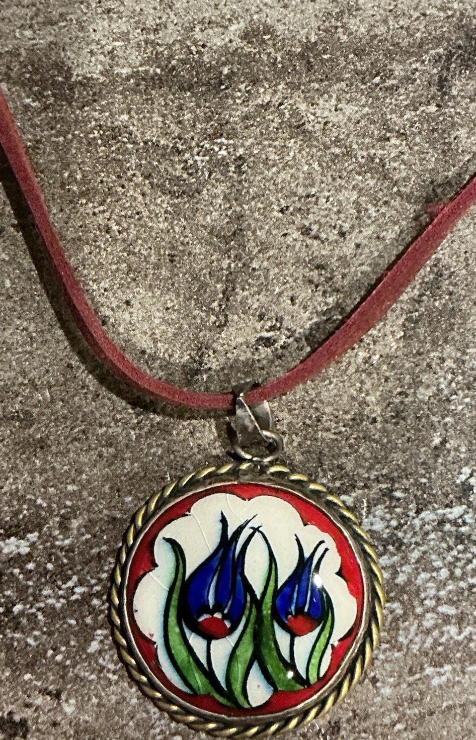Vtg 925 Sterling Silver Enamel Tulip Oval Ceramic Pendant Corded Necklace 15”