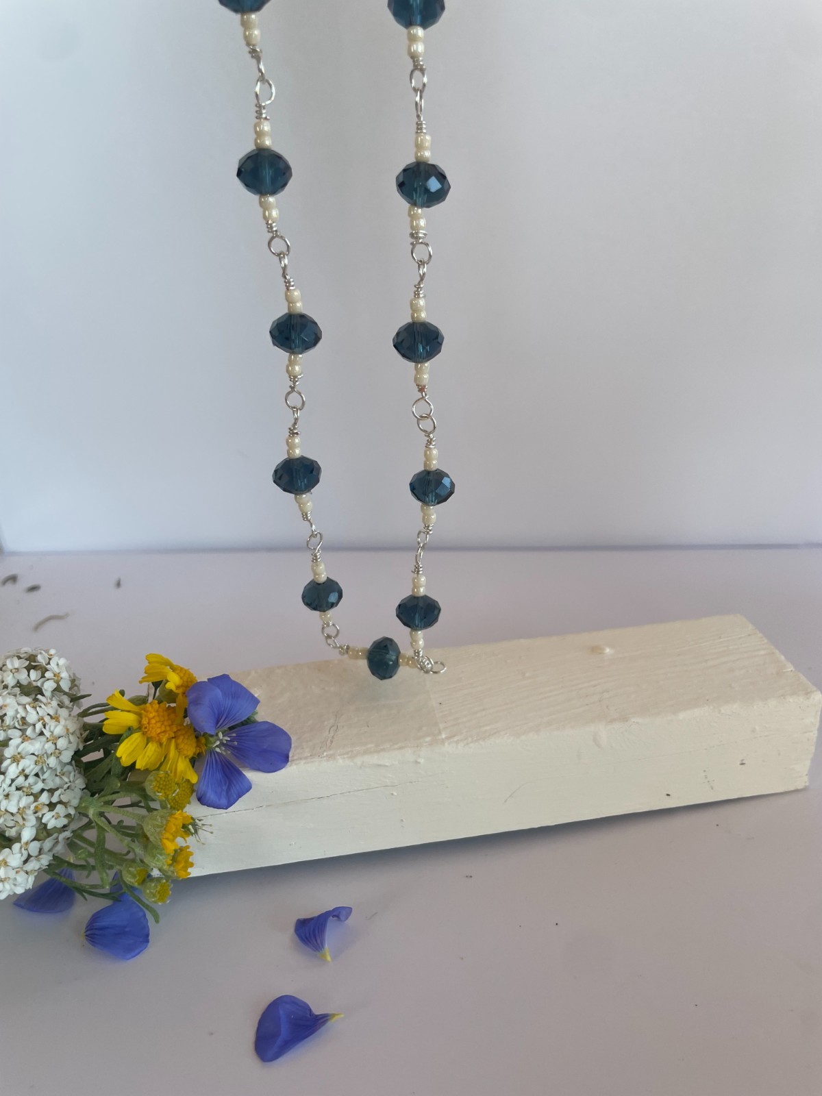 Unique Handmade Glass Midnight Blue and White Beaded Necklace