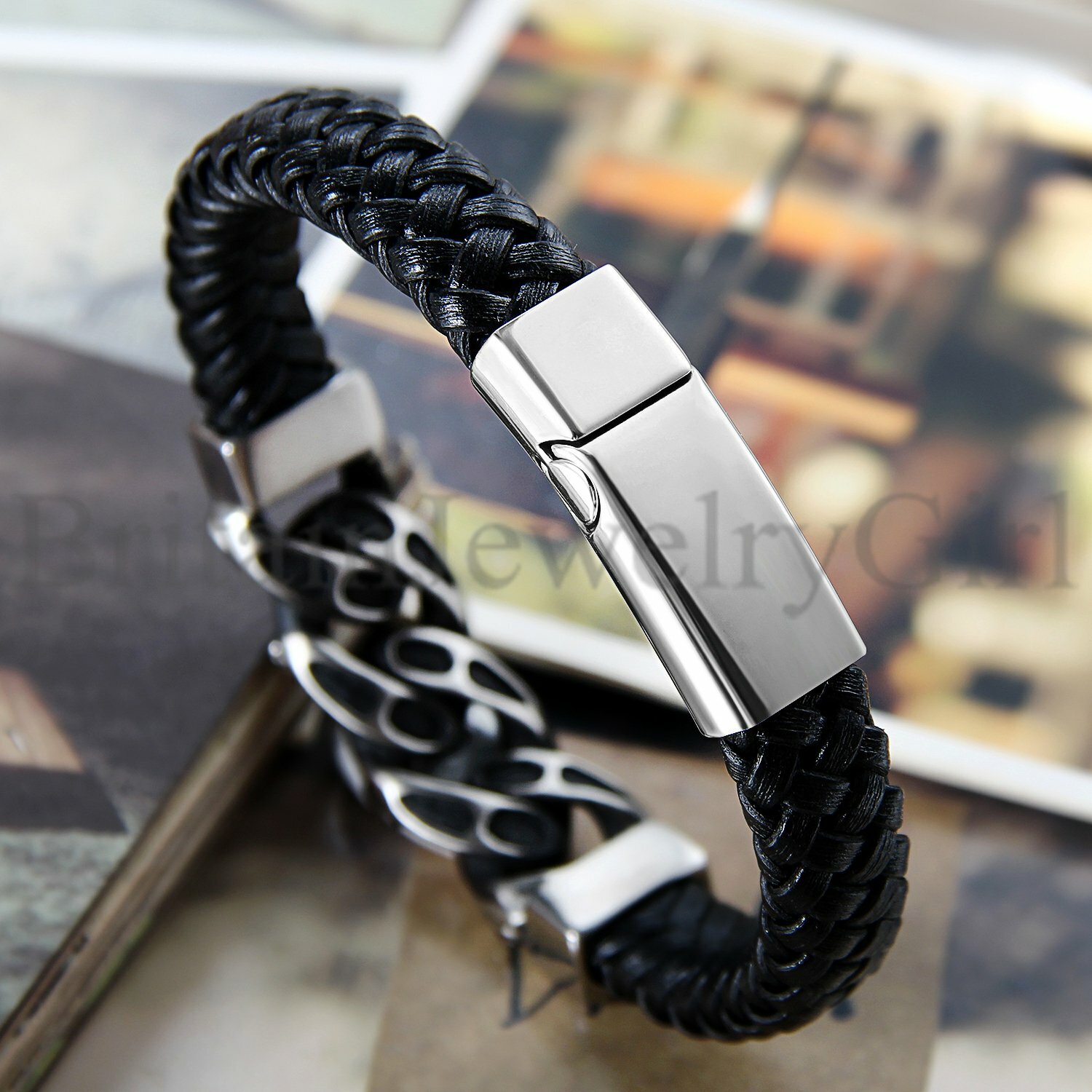 9.1″ Punk Rock Mens Black Leather Skull Intersect Wristband Bracelet Bangle Cuff